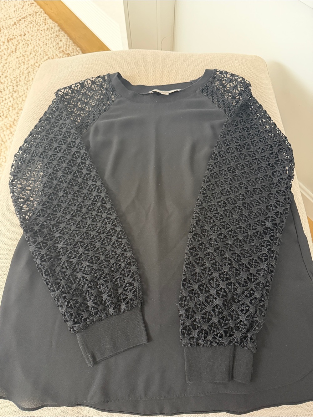 LOFT Black Top with Crochet Lace Raglan Sleeves